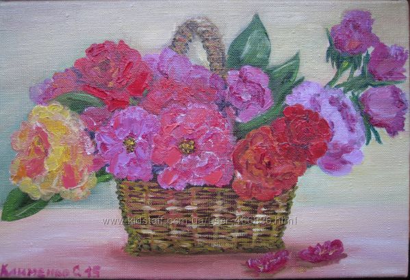 Картина Корзинка с розами, холст, масло, 20 на 30 см