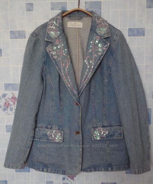 джинсовый женский пиджак с вышивкой и паетками, 50 размер