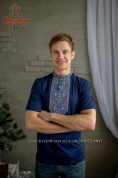 Чоловіча вишиванка Повстанська на синій тканині - ТМ Podolyanka