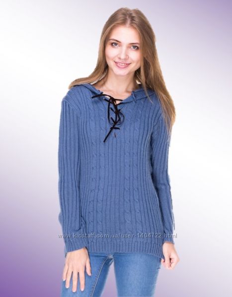 Пуловер синий с капюшоном, шерсть мериноса